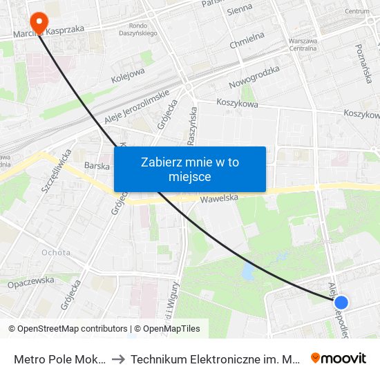 Metro Pole Mokotowskie 02 to Technikum Elektroniczne im. Marcina Kasprzaka nr 36 map