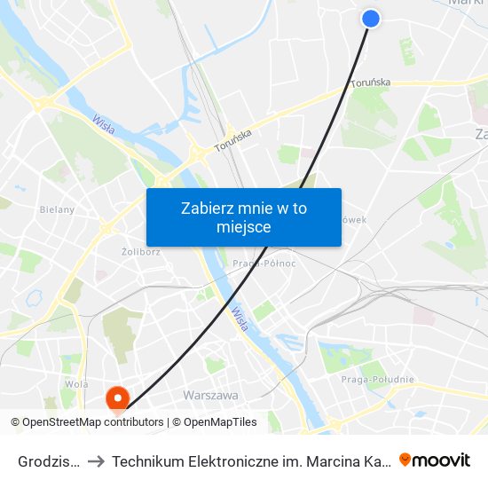 Grodzisk 02 to Technikum Elektroniczne im. Marcina Kasprzaka nr 36 map