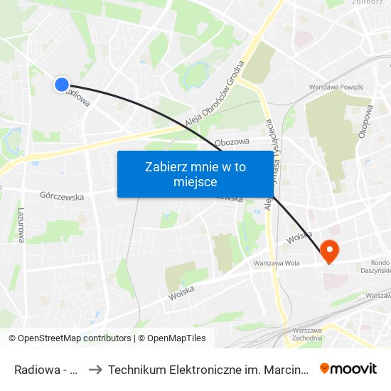 Radiowa - WAT 02 to Technikum Elektroniczne im. Marcina Kasprzaka nr 36 map