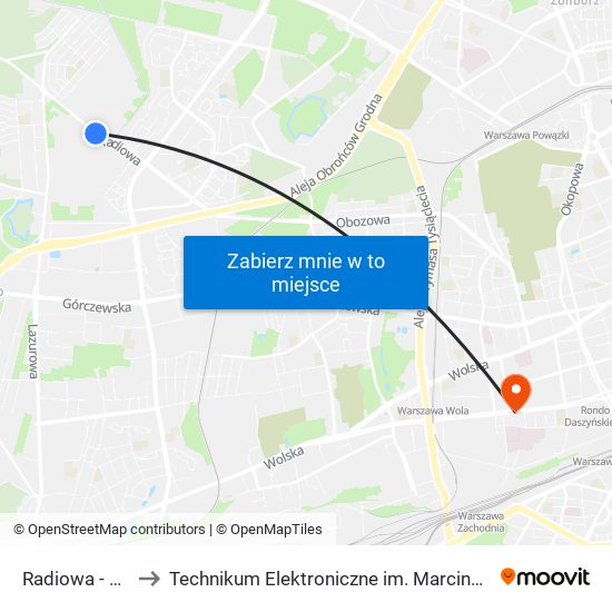 Radiowa - WAT 01 to Technikum Elektroniczne im. Marcina Kasprzaka nr 36 map