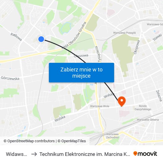 Widawska 01 to Technikum Elektroniczne im. Marcina Kasprzaka nr 36 map