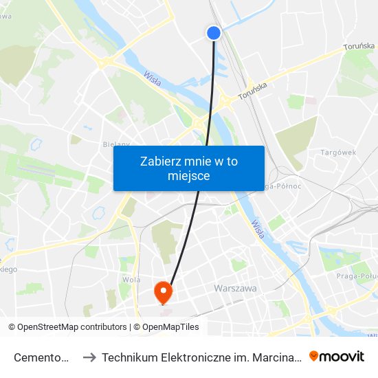 Cementownia to Technikum Elektroniczne im. Marcina Kasprzaka nr 36 map