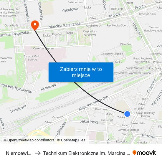 Niemcewicza 01 to Technikum Elektroniczne im. Marcina Kasprzaka nr 36 map