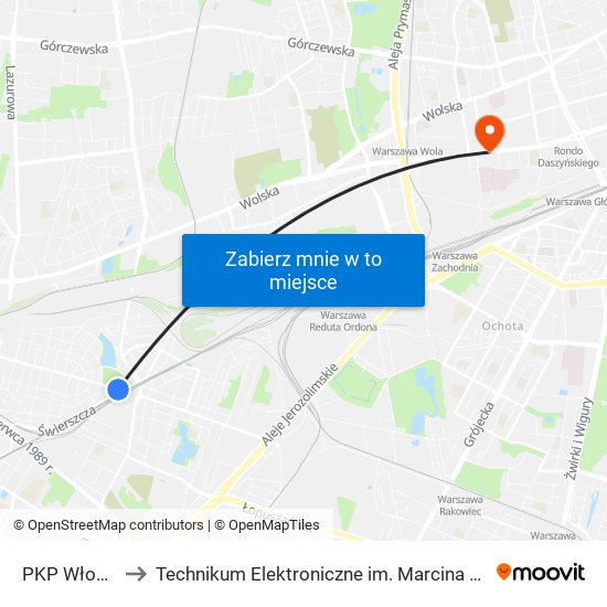 PKP Włochy 05 to Technikum Elektroniczne im. Marcina Kasprzaka nr 36 map