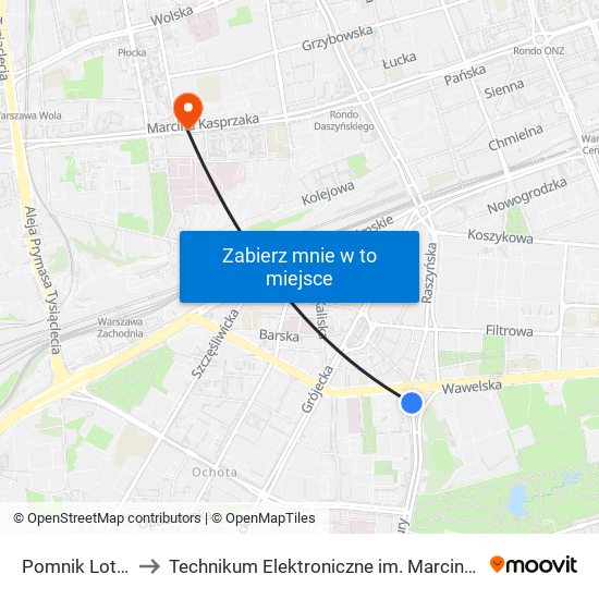 Pomnik Lotnika 01 to Technikum Elektroniczne im. Marcina Kasprzaka nr 36 map