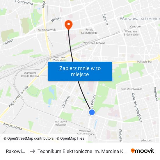 Rakowiec 02 to Technikum Elektroniczne im. Marcina Kasprzaka nr 36 map