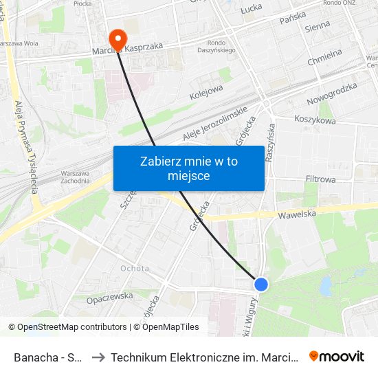 Banacha - Szpital 02 to Technikum Elektroniczne im. Marcina Kasprzaka nr 36 map