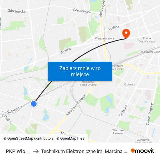 PKP Włochy 02 to Technikum Elektroniczne im. Marcina Kasprzaka nr 36 map