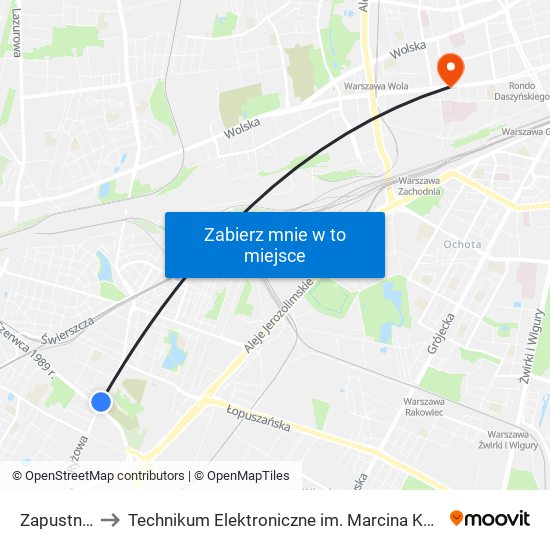 Zapustna 01 to Technikum Elektroniczne im. Marcina Kasprzaka nr 36 map