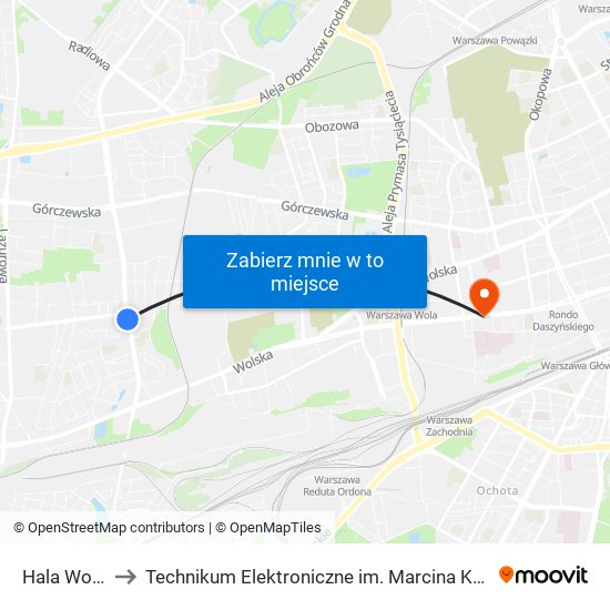 Hala Wola 01 to Technikum Elektroniczne im. Marcina Kasprzaka nr 36 map