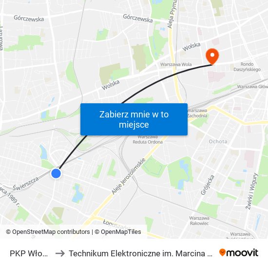 PKP Włochy 01 to Technikum Elektroniczne im. Marcina Kasprzaka nr 36 map