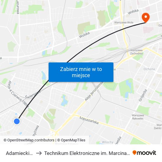 Adamieckiego 02 to Technikum Elektroniczne im. Marcina Kasprzaka nr 36 map