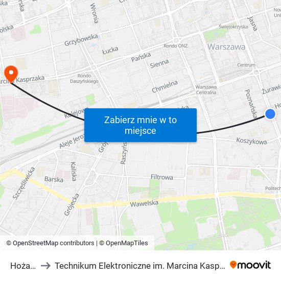 Hoża 01 to Technikum Elektroniczne im. Marcina Kasprzaka nr 36 map