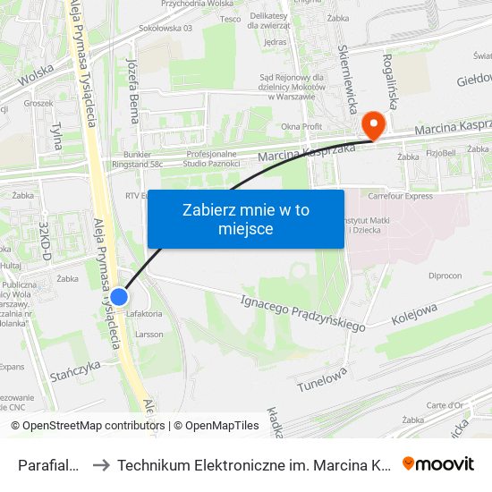 Parafialna 02 to Technikum Elektroniczne im. Marcina Kasprzaka nr 36 map