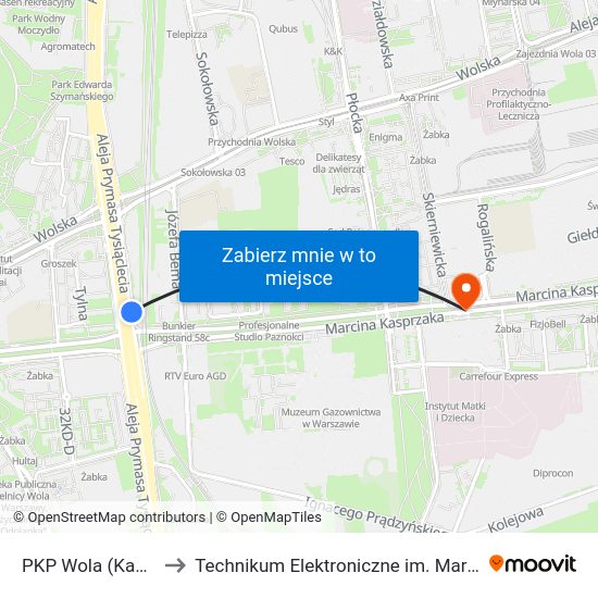 PKP Wola (Kasprzaka) 06 to Technikum Elektroniczne im. Marcina Kasprzaka nr 36 map