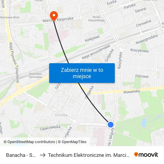 Banacha - Szpital 04 to Technikum Elektroniczne im. Marcina Kasprzaka nr 36 map