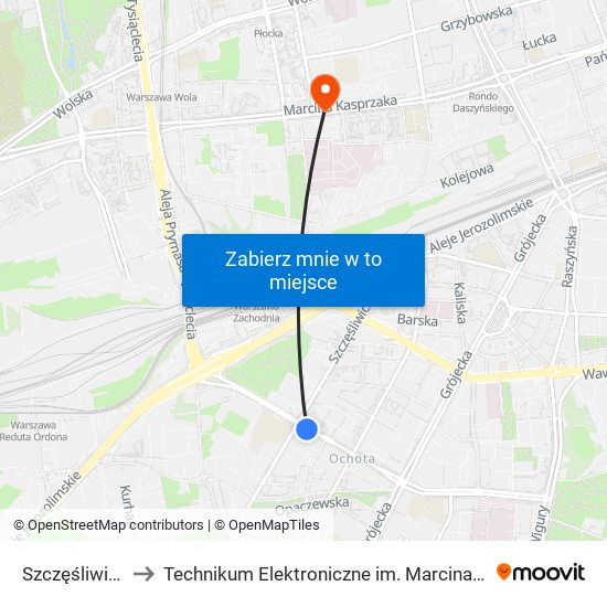 Szczęśliwicka 01 to Technikum Elektroniczne im. Marcina Kasprzaka nr 36 map