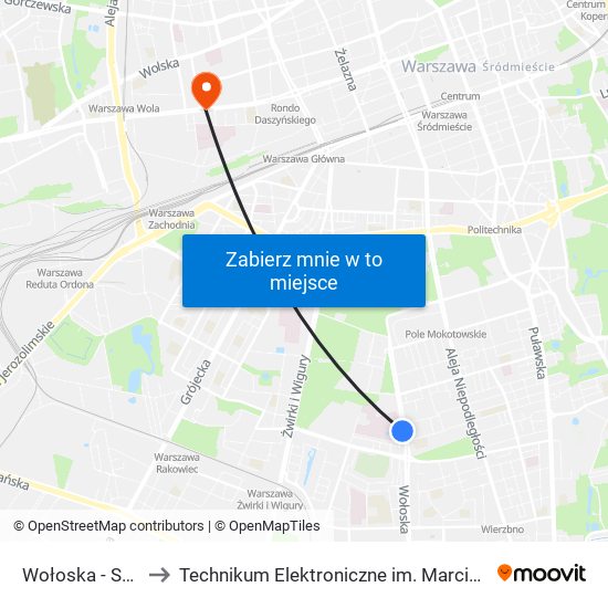 Wołoska - Szpital 01 to Technikum Elektroniczne im. Marcina Kasprzaka nr 36 map