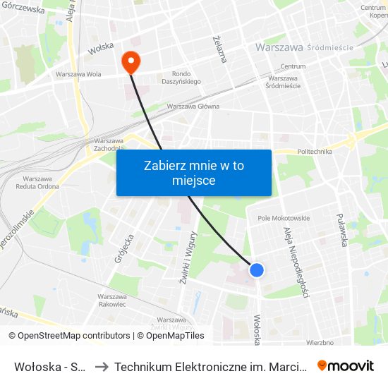 Wołoska - Szpital 02 to Technikum Elektroniczne im. Marcina Kasprzaka nr 36 map