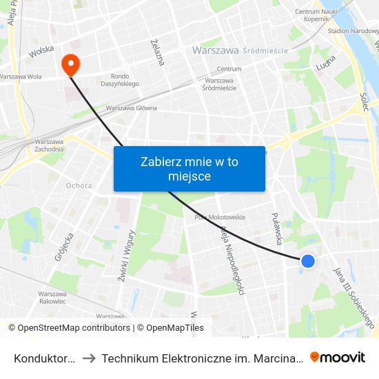 Konduktorska 02 to Technikum Elektroniczne im. Marcina Kasprzaka nr 36 map