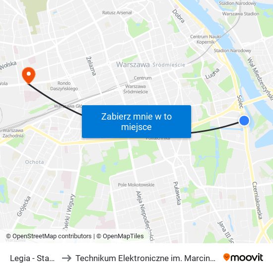 Legia - Stadion 03 to Technikum Elektroniczne im. Marcina Kasprzaka nr 36 map