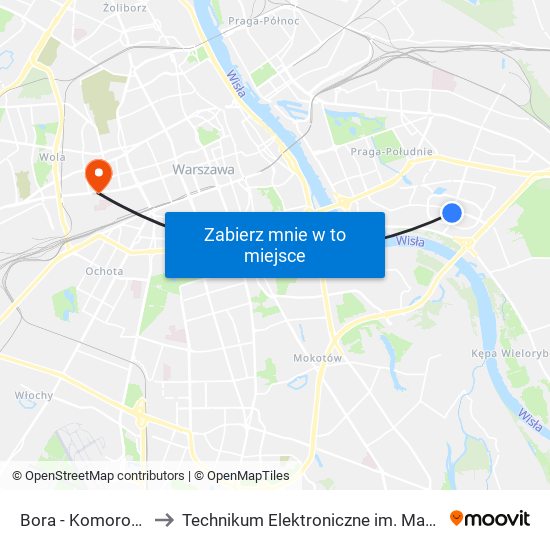 Bora - Komorowskiego 03 to Technikum Elektroniczne im. Marcina Kasprzaka nr 36 map