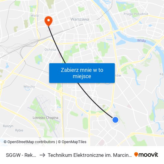 SGGW - Rektorat 01 to Technikum Elektroniczne im. Marcina Kasprzaka nr 36 map