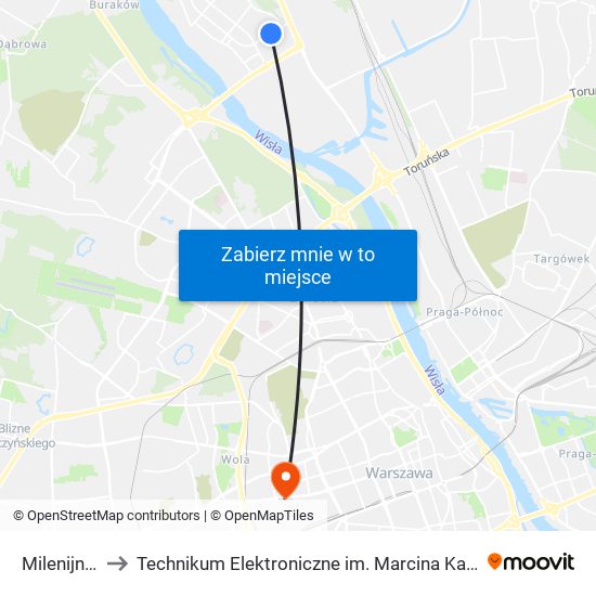 Milenijna 02 to Technikum Elektroniczne im. Marcina Kasprzaka nr 36 map