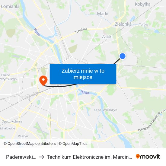 Paderewskiego 01 to Technikum Elektroniczne im. Marcina Kasprzaka nr 36 map