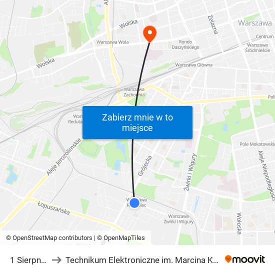 1 Sierpnia 03 to Technikum Elektroniczne im. Marcina Kasprzaka nr 36 map