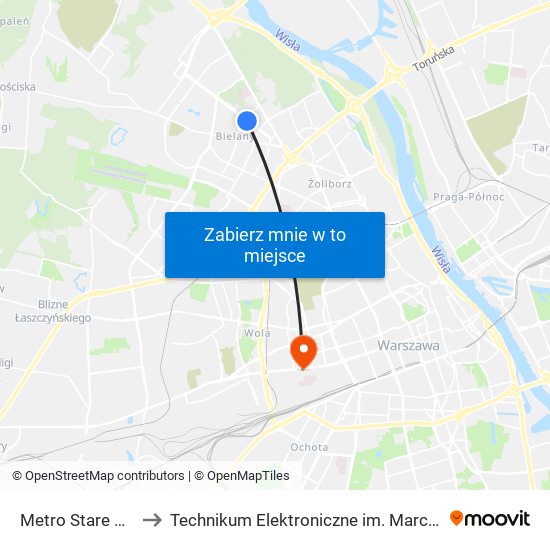 Metro Stare Bielany 01 to Technikum Elektroniczne im. Marcina Kasprzaka nr 36 map