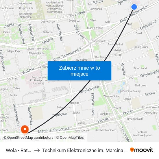 Wola - Ratusz 06 to Technikum Elektroniczne im. Marcina Kasprzaka nr 36 map