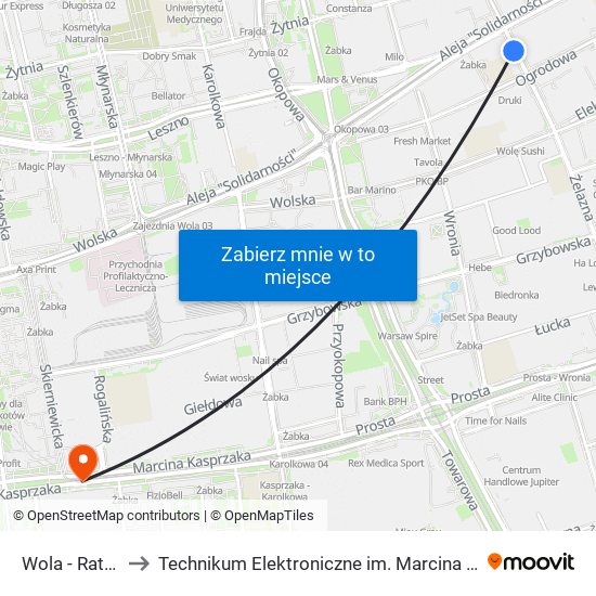 Wola - Ratusz 05 to Technikum Elektroniczne im. Marcina Kasprzaka nr 36 map