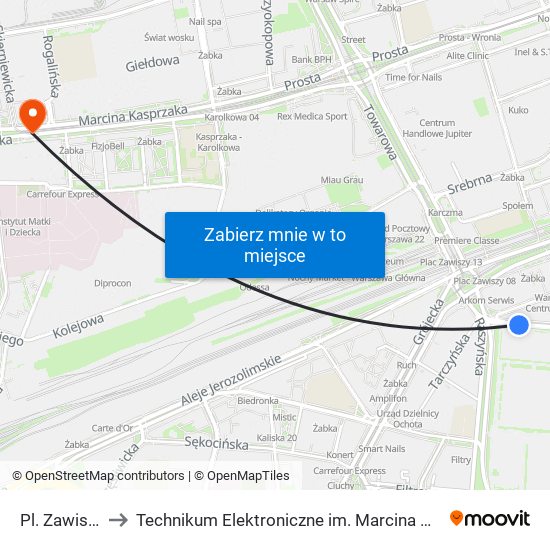 Pl. Zawiszy 07 to Technikum Elektroniczne im. Marcina Kasprzaka nr 36 map