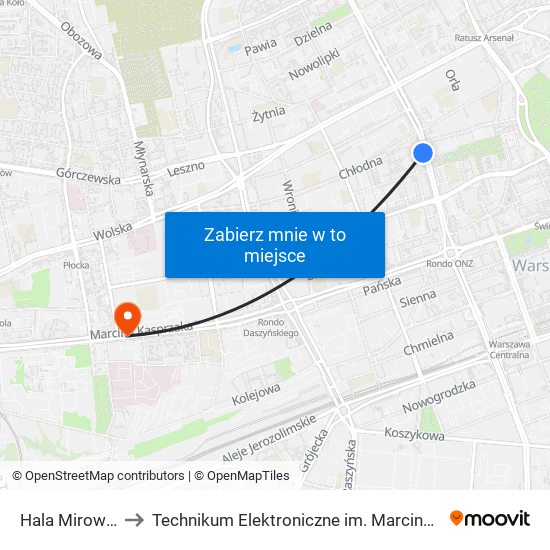 Hala Mirowska 01 to Technikum Elektroniczne im. Marcina Kasprzaka nr 36 map