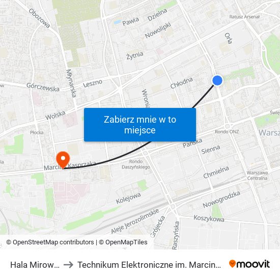 Hala Mirowska 02 to Technikum Elektroniczne im. Marcina Kasprzaka nr 36 map