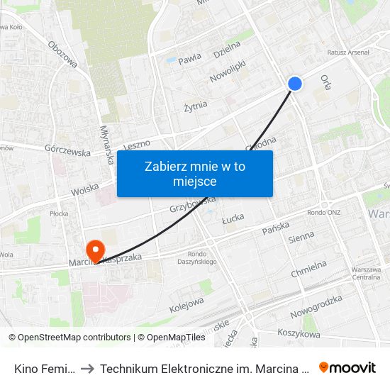 Kino Femina 01 to Technikum Elektroniczne im. Marcina Kasprzaka nr 36 map