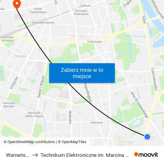 Warneńska 02 to Technikum Elektroniczne im. Marcina Kasprzaka nr 36 map