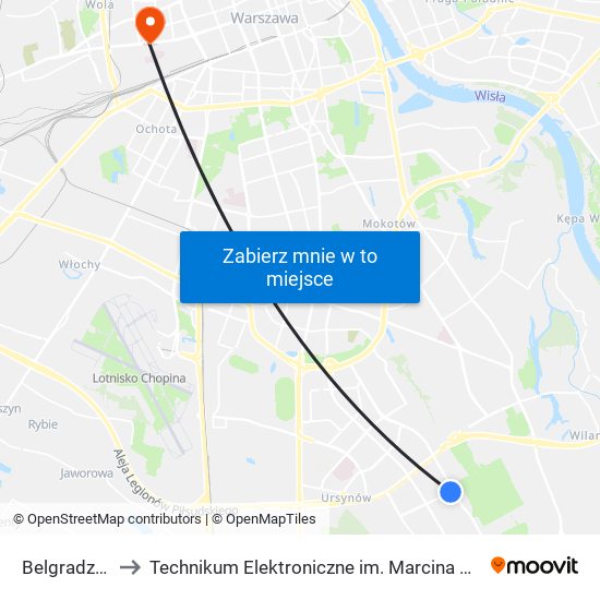 Belgradzka 04 to Technikum Elektroniczne im. Marcina Kasprzaka nr 36 map