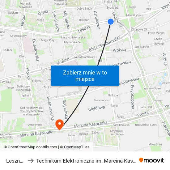 Leszno 01 to Technikum Elektroniczne im. Marcina Kasprzaka nr 36 map