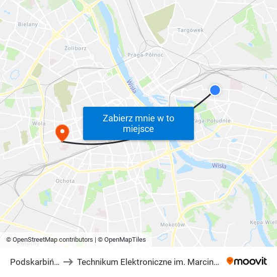 Podskarbińska 04 to Technikum Elektroniczne im. Marcina Kasprzaka nr 36 map