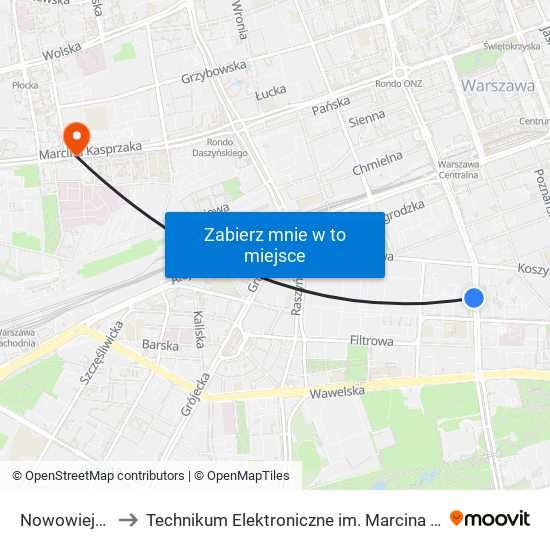 Nowowiejska 01 to Technikum Elektroniczne im. Marcina Kasprzaka nr 36 map