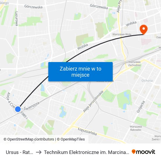 Ursus - Ratusz 05 to Technikum Elektroniczne im. Marcina Kasprzaka nr 36 map