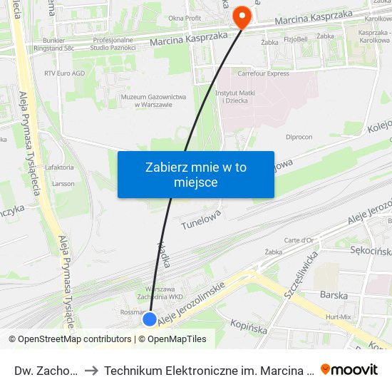 Dw. Zachodni to Technikum Elektroniczne im. Marcina Kasprzaka nr 36 map