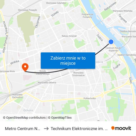 Metro Centrum Nauki Kopernik 02 to Technikum Elektroniczne im. Marcina Kasprzaka nr 36 map