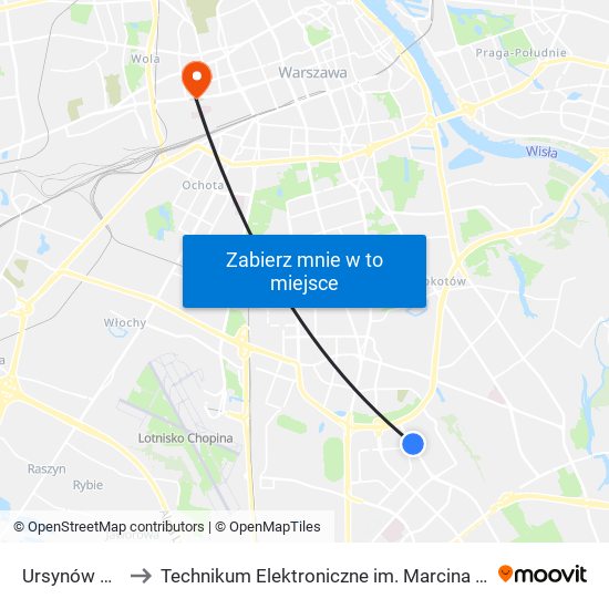 Ursynów Płn. 02 to Technikum Elektroniczne im. Marcina Kasprzaka nr 36 map