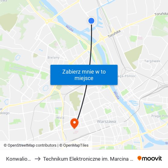 Konwaliowa 01 to Technikum Elektroniczne im. Marcina Kasprzaka nr 36 map