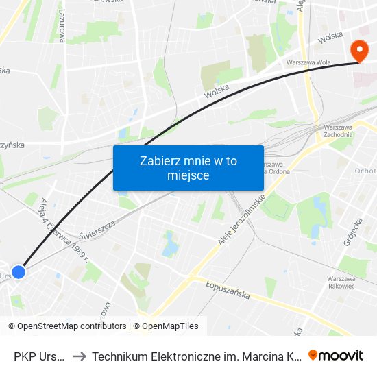 PKP Ursus 01 to Technikum Elektroniczne im. Marcina Kasprzaka nr 36 map