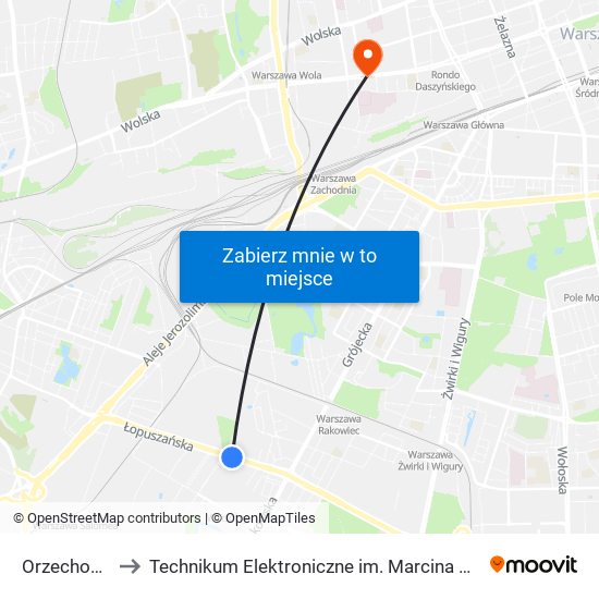 Orzechowa 01 to Technikum Elektroniczne im. Marcina Kasprzaka nr 36 map