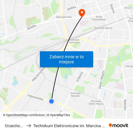 Orzechowa to Technikum Elektroniczne im. Marcina Kasprzaka nr 36 map